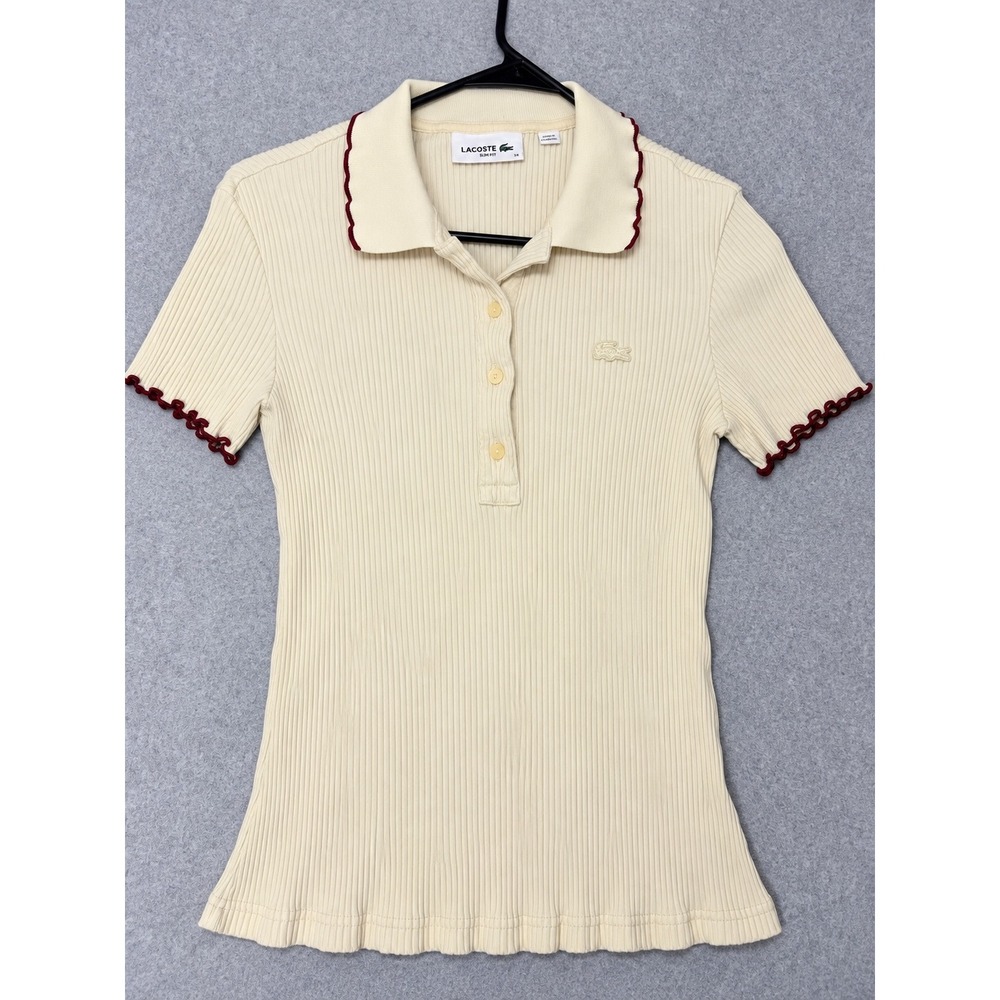 Lacoste Polo Shirt Womens Slim Fit Ribbed Lettuce Edge Trim Cream Burgundy Sz 38
